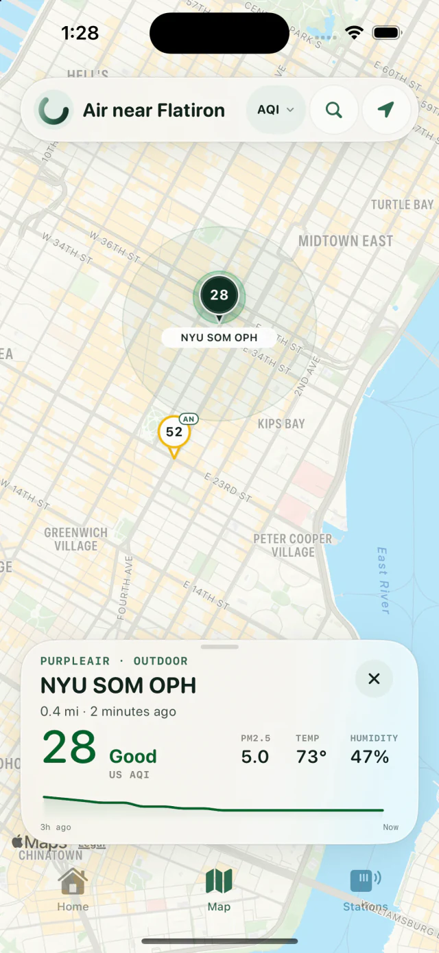 AirLocal map centered on Manhattan with PurpleAir and AirNow markers and a selected PurpleAir station reading 28 AQI