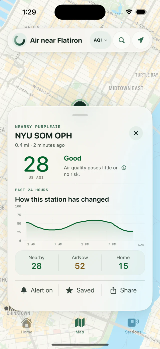 Expanded AirLocal station card with current AQI, 24-hour history, source comparison, alert, save, and share actions