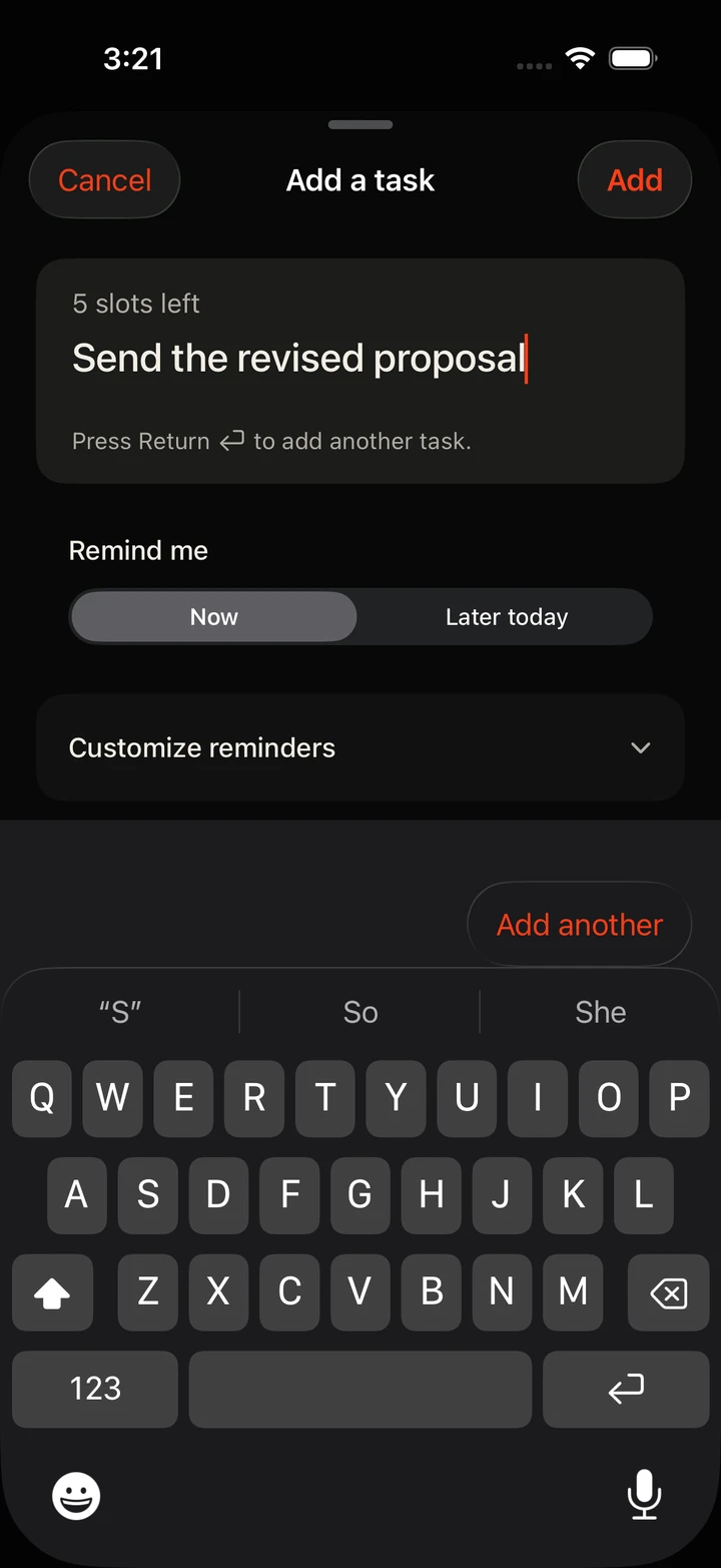 The new Add screen with a task being typed, Return guidance, visible Now and Later today choices, and collapsed Customize reminders