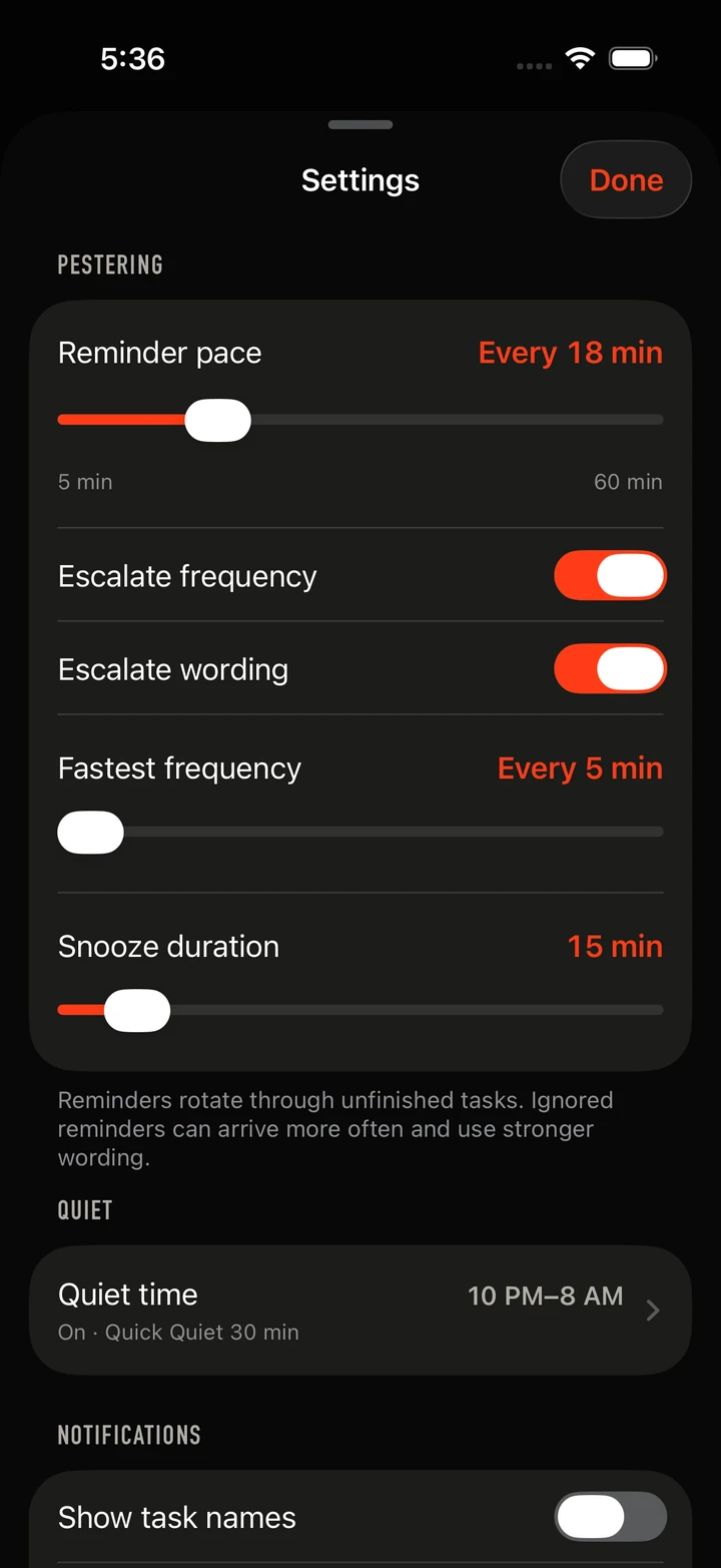 Burn List Settings with reminder pace, separate frequency and wording escalation, snooze duration, Quiet Time, and notification controls