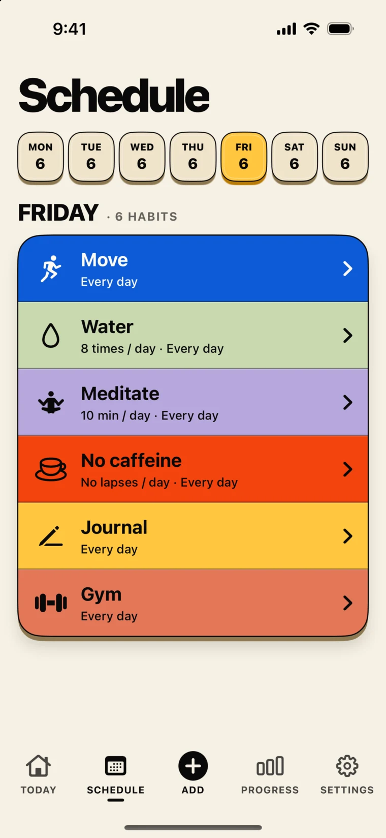 Schedule screen showing habits for Friday