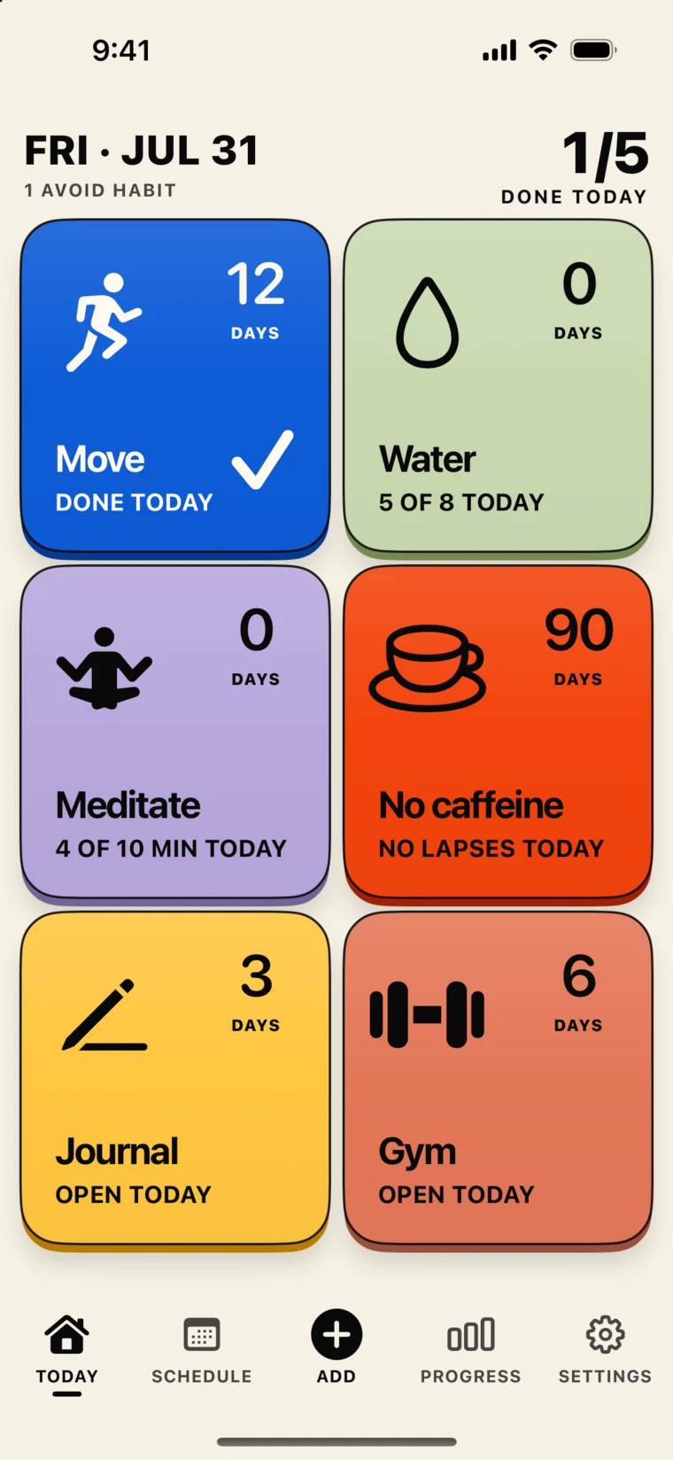 Keep On Today screen with six colorful habit buttons