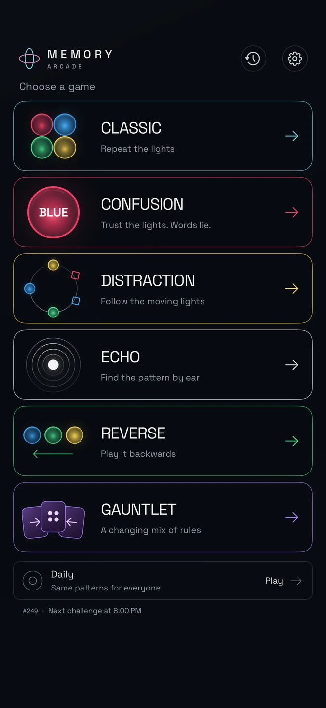 Memory Arcade’s six equal game cards: Classic, Confusion, Distraction, Echo, Reverse and Gauntlet, with a small Daily challenge below.
