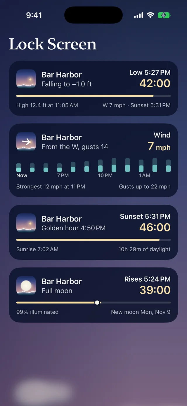 Waterline's Lock Screen Live Activities following the tide, the wind, the sun and the moon at Bar Harbor